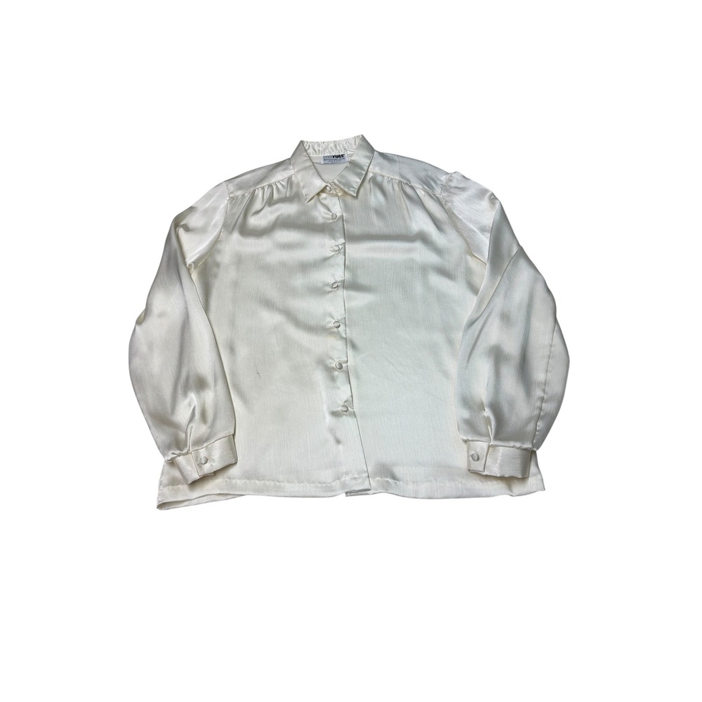 Vintage Russ Togs Cream Satin Button Up Blouse Long‎ Sleeve Made in USA Cream L